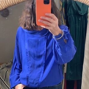 vintage silk blue blouse french haute couture Ted Lapidus XL